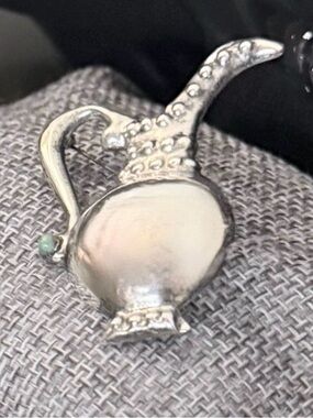 Vintage Mexican Sterling Silver Pitcher Brooch W/ Turquoise